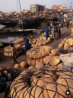 Bundles of bowls cut from near-spherical calabash gourds await buyers at Moptis waterfront market. 