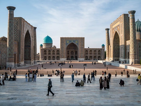 Registan Square in Samarkand, Uzbekistan, is one of Central Asia's most celebrated examples of Islamic architecture.