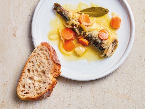 Sardines in escabeche marinade, a dish using escabetx, relies on a method for preserving fish that has carried over from the era of Muslim Spain.