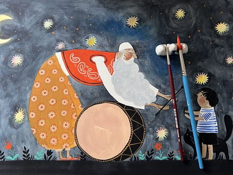 Photo of artwork for The Ramadan Drummer, 2025, written by S. Abaza and art by Dinara Mirtalipova. Photo courtesy of Dinara Mirtalipova