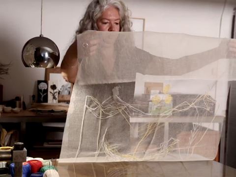 For more than two decades, Sara Domingos has produced a mixed-media collection infusing Portugal's Islamic heritage into her work. Her art is made of a variety of materials and methods, from acrylic and oil paints to embroidery and calcography, a form of artistic printmaking that in her case uses different forms of stamps.