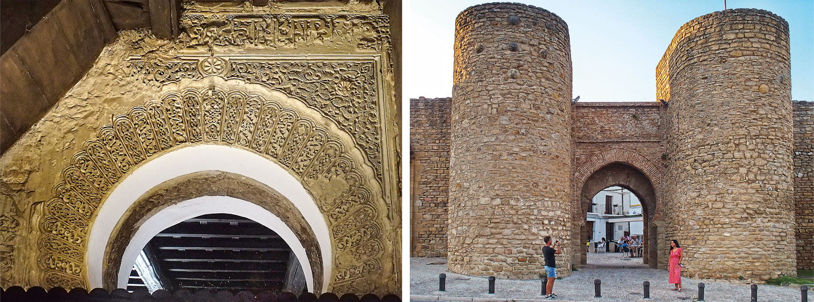 left A further hint of the artistry, culture and wealth that flourished in Ronda during its Nasrid era appears on the ornate arch that formerly vaulted the mihrab, or prayer niche, in the city's central mosque. Of that mosque, only this arch survives, incorporated into the back of the nave of the church of Santa María la Mayor, constructed between the 15th and 18th century. right Protecting the city from the south and dating to the 13th century, the twin towers of the Puerta de Almocabar takes its name from the Arabic word for the cemetery, al-maqabir, which lay nearby.